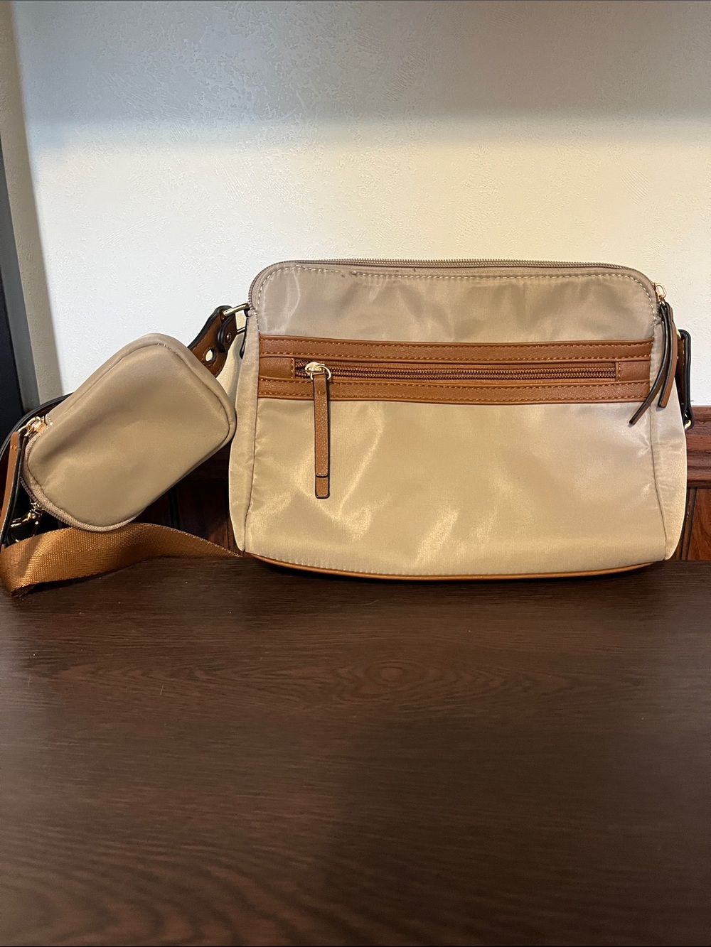 Women’s Beige Crossbody Bag with Brown Trim